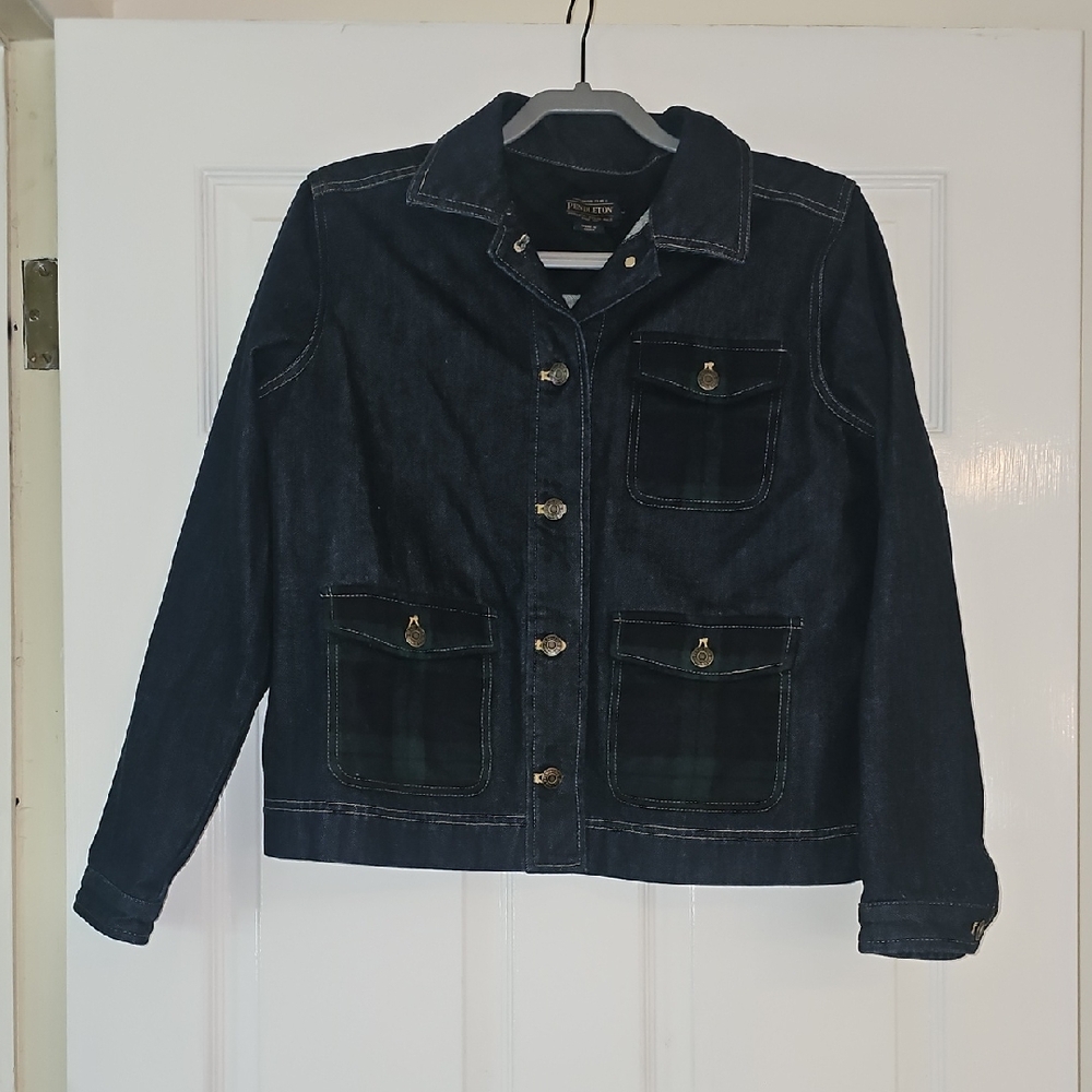 Pendleton Dark Blue Denim Jacket with Green Plaid Pockets - Picture 3 of 4